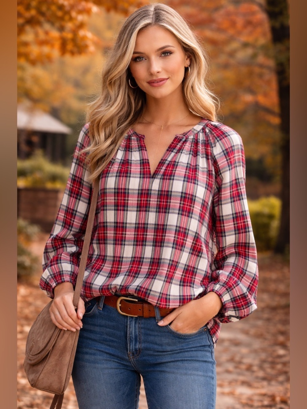 Old Navy Red Plaid Blouse XL Split Neck Seersucker Popover Preppy Holiday